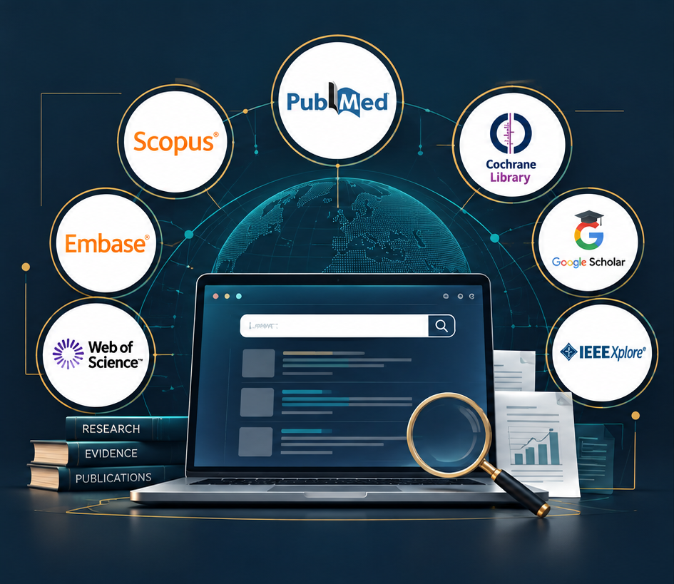 Medical research databases including PubMed, Scopus, Cochrane Library, Embase, Google Scholar, Web of Science, and IEEE Xplore.